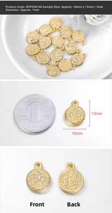 Detailed view of 13mm gold coin metal pendant with relief portrait and cross engravings