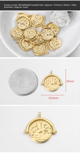 Detailed size comparison of a 20mm gold coin pendant with knight relief engraving