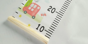 Close-up of wooden hanging rod and canvas height chart with cartoon car and scale
