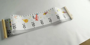 Detailed close-up of canvas height chart featuring cartoon rockets and wood hangers