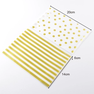 Detailed view of OPP bags with gold dots and stripes, showing 20x14+6cm size specs