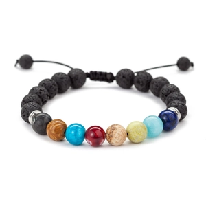 Detail view of solar system bead bracelet with natural lava stone and colorful planetary gems