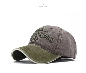 Detailed side view of washed cotton baseball cap with 3D Boston Skating Co. embroidery