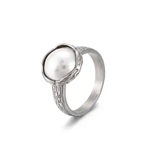 Vintage Artificial Pearl Ring For Women Titanium Steel Textured Tree Bark Band Elegant Jewelry Stainless Steel