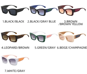 Detailed catalog showing seven color options for cat eye sunglasses with crocodile pattern