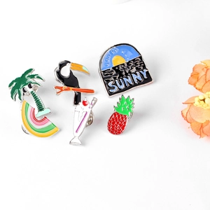 Tropical enamel pins set with palm tree pineapple flamingo and sunny sunset badge