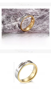 Detailed view of two-tone tungsten steel ring with zircon inlay and product measurements