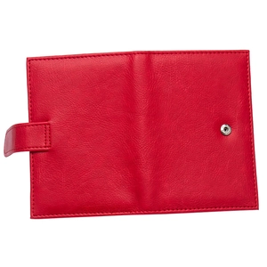 Red PU leather passport holder with snap fastener and multi-card slots in litchi texture