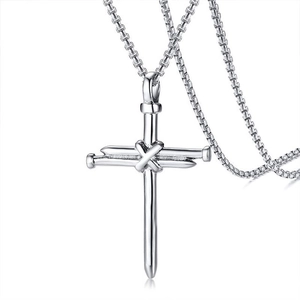 Polished silver titanium steel nail cross pendant necklace with box chain for men