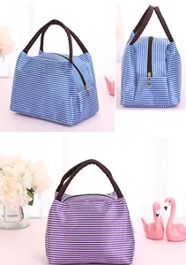 Detailed views of striped waterproof oxford lunch bag with insulated lining and zipper