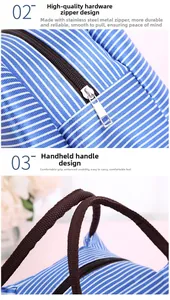 Close-up of stainless steel zipper and brown woven handle on blue striped lunch bag