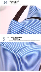 Close-up of reinforced brown handles and precise stitching on the striped lunch bag