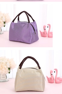 Detail of waterproof striped Oxford cloth lunch bag with durable dual handles and zipper