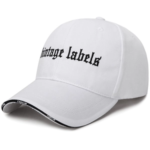 Trendy white cotton baseball cap with Vintage Labels gothic embroidery and fashion tape brim