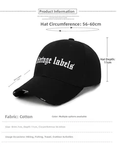 Close-up of black cotton baseball cap with Vintage Labels embroidery and size details