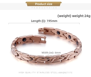 Detailed view of rose gold magnetic bracelet with dimensions 195mm length and 6mm width
