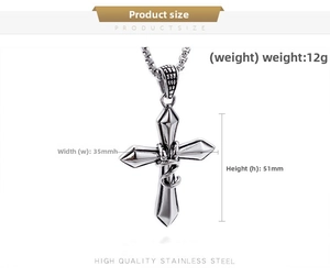 Detailed specs of stainless steel cross pendant: 51mm height, 35mm width and 12g weight