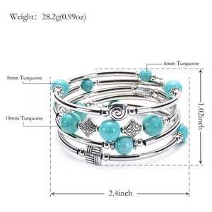 Multi-layer silver turquoise bangle bracelet with 6mm, 8mm, 10mm stones and sizing detail