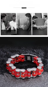 Détail du bracelet chaîne de vélo pour homme en acier argenté avec inserts rouges