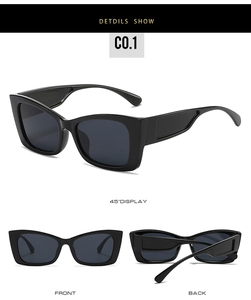 Detailed multi-angle view of black cat-eye sunglasses with crocodile texture on temples