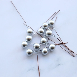 Silver metallic 10mm artificial berries on brown wire stems for Christmas DIY crafts and decor