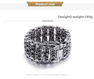Detailed specs of punk skull stainless steel bracelet, size 220x35mm, weight 189g