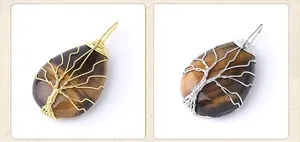 Detailed comparison of gold and silver wire-wrapped tree of life tiger eye pendants