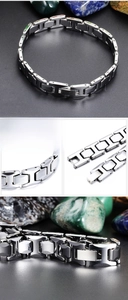 Macro detail of silver tungsten steel men's bracelet with polished H-shaped links