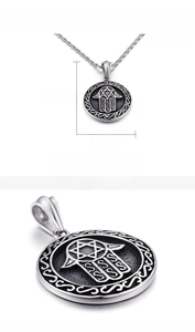 Detail view of vintage Hamsa Hand and Star of David pendant with size dimensions