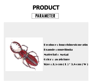 Dimensions détaillées d'une broche scarabée en strass rouge de 7,5 cm par 3,8 cm