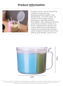 Detail view of the circular 3-compartment seasoning box with color-coded liners and spoons