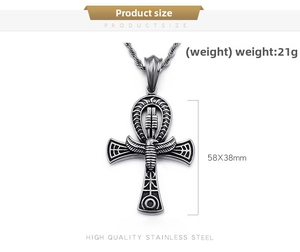 Macro shot of stainless steel Ankh cross pendant with vintage finish and twisted rope chain