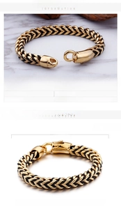 Detail of gold-plated stainless steel and black leather braided bracelet for men
