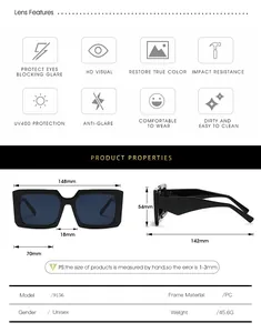 Size chart for square sunglasses with 148mm frame width and UV400 protection features