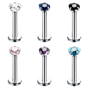 Set of stainless steel labret studs with heart-shaped zirconia in six vibrant colors