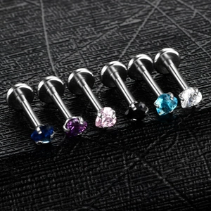 Polished stainless steel labret studs with heart-shaped zircon stones in various colors