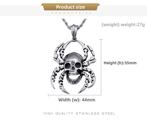 Detailed size chart for stainless steel gothic spider and skull punk pendant, 55mm by 44mm