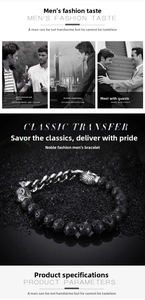 Detailed view of men's lava stone beads and antique silver metal chain bracelet