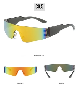 Three-way view of rimless sports sunglasses with orange gradient shield lenses