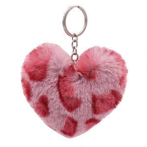 Pink leopard print heart-shaped plush keychain with soft faux fur and silver keyring