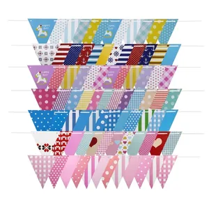 Assorted colorful party bunting banners with polka dots, stripes and heart patterns