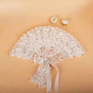 Elegant White Lace Folding Fan With Faux Artificial Pearls Rhinestones Feathers And Ribbon For Wedding Party Dance Performance