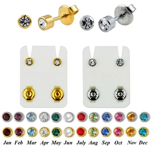 Detail view of 12-color birthstone stud earrings in gold and silver settings