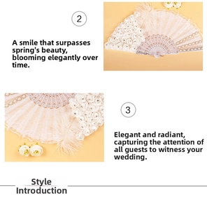 Detail of white double-layer lace and feather folding fan with rose and pearl accents