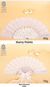 Detailed comparison of white lace hand fans with 3D floral accents and elegant silk bows