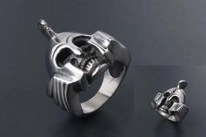 Macro shot of vintage steel Spartan helmet skull ring with antique finish details