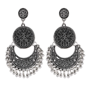Bohemian retro silver hollow crescent moon fringe earrings with sun and star carving