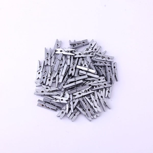 Macro detail of small silver wooden clips for photos and snacks on a white background