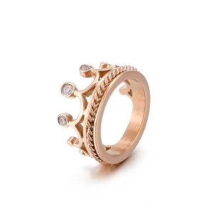 Elegant rose gold crown ring with sparkling crystals and brushed titanium steel finish