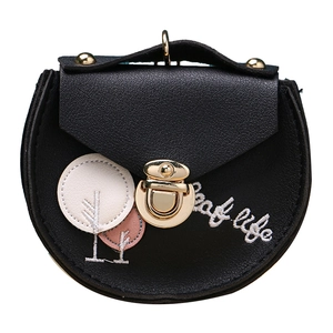 Round black leather pouch with Leaf Life embroidery and gold metal clasp closure